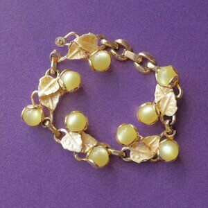 1960s Leaf & Berry Moonglow Thermoset Bracelet, , Gold Tone with Enamel